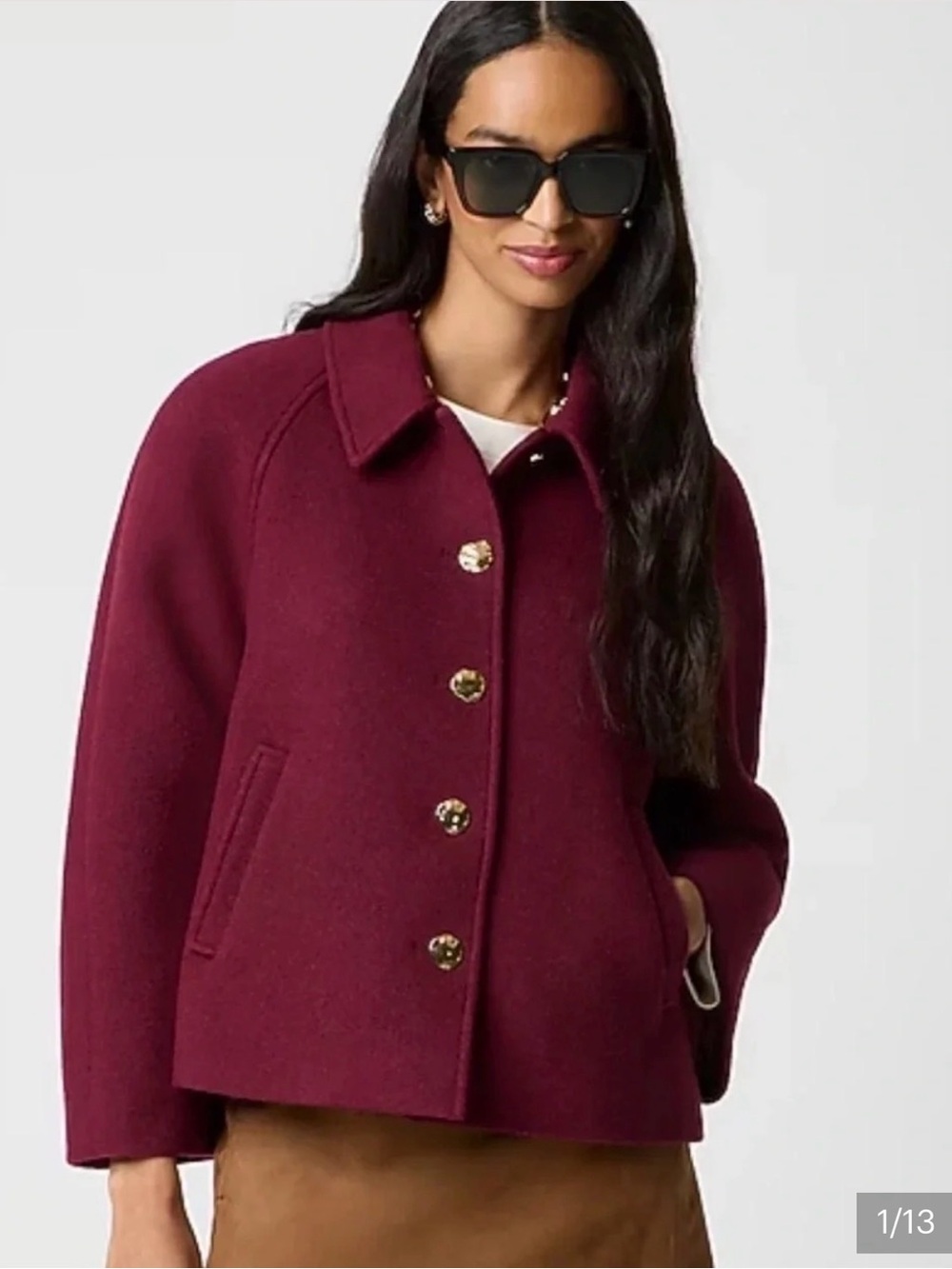J. Crew Women’s Boxy Pea Coat in Burgundy with Gold Buttons